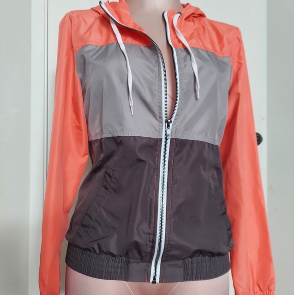 Zine Windbreaker Full Zip Coral & Grey Color Block Hooded Jacket Women's Medium - Picture 1 of 6